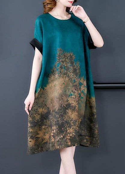 Blue O Neck Print Patchwork Silk Dress Summer