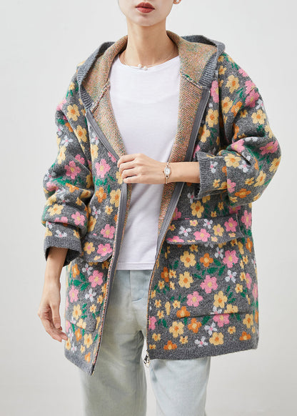 Stylish Grey Zip Up Print Knit Coat Spring