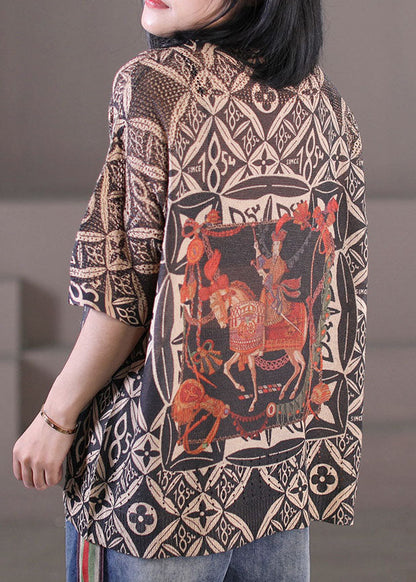 Stylish Black Print O-neck Knit Loose Tank Tops Half Sleeve