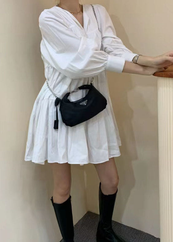 White V Neck Patchwork Wrinkled Cotton Dress Long Sleeve