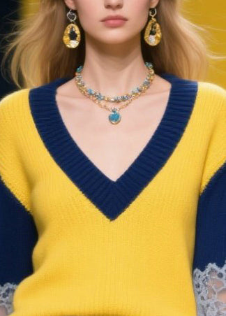 Diy Yellow V Neck Patchwork Lace Knitted Tops Fall
