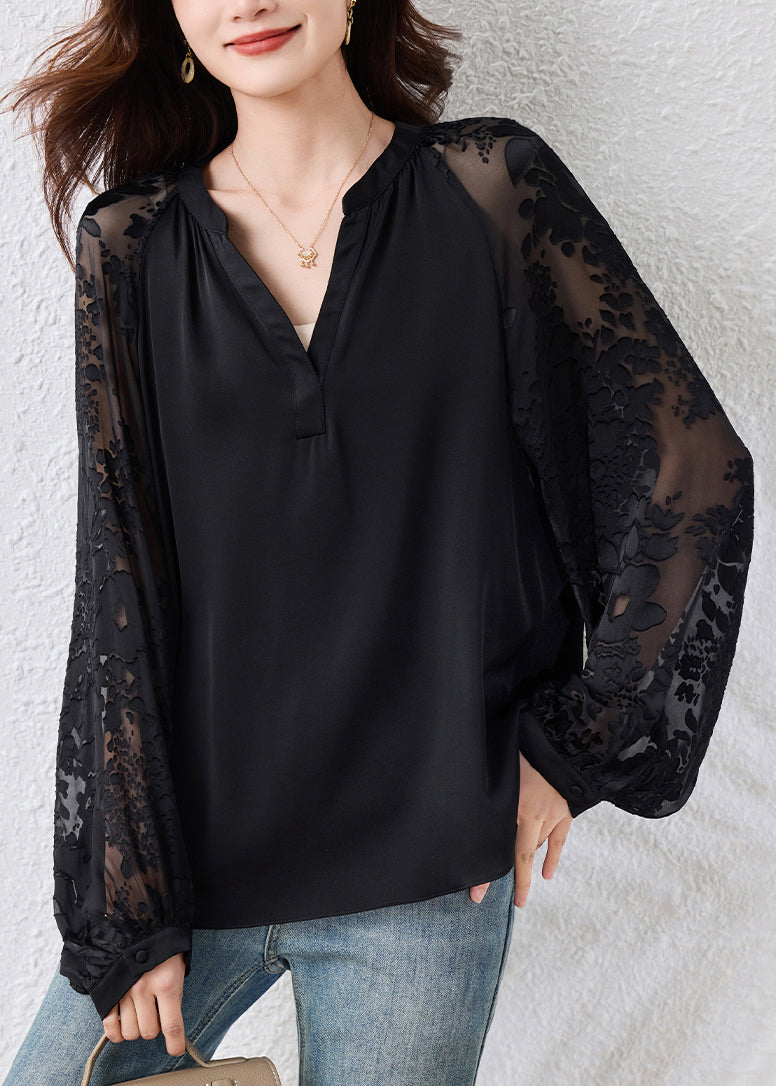 Loose Black V Neck Chiffon Blouses Fall