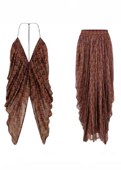 V Neck Top and a Line Skirts Two Pieces Set Summer