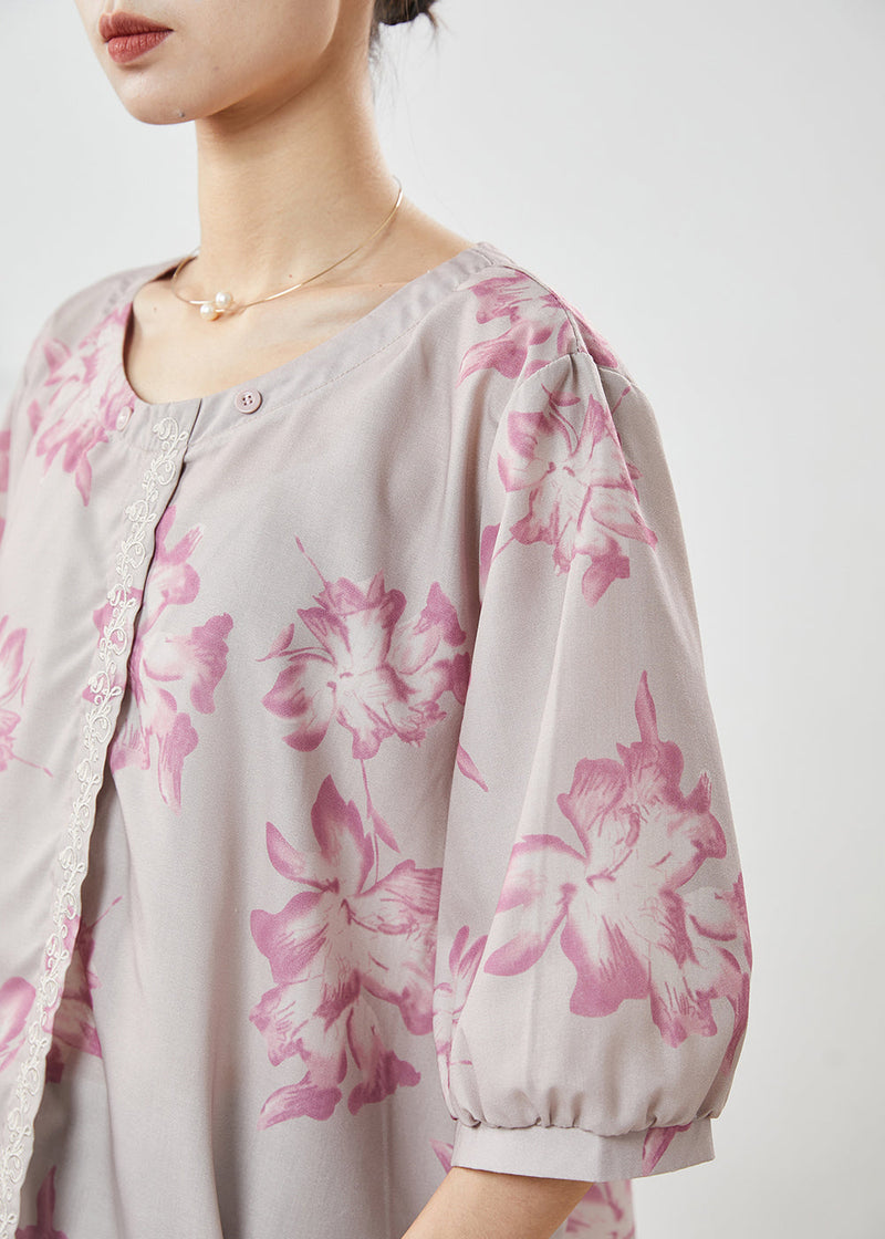Light Purple Embroidered Print Cotton Shirt Top Spring