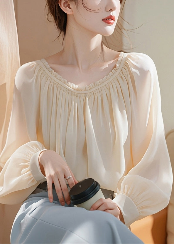 Apricot Ruffled Chiffon Shirt Spring