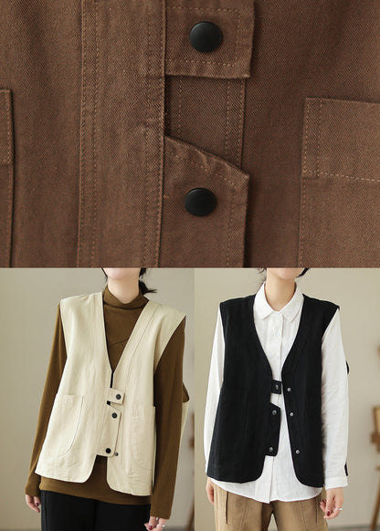 Black V Neck Pockets Patchwork Cotton Vest Spring