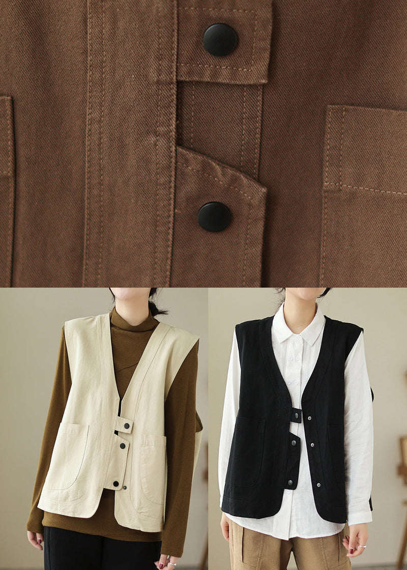 Black V Neck Pockets Patchwork Cotton Vest Spring