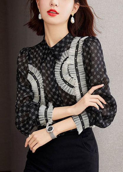 Black Stand Collar Ruffled Patchwork Print Chiffon Shirts Long Sleeve
