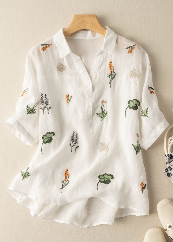 White Peter Pan Collar Print Patchwork Linen Shirt Top Summer