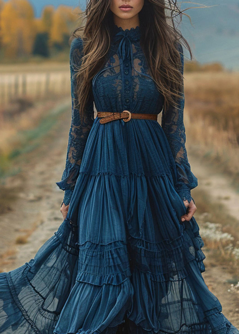 Blue Lace Ruffled Patchwork Cotton Robe Dresses Spring