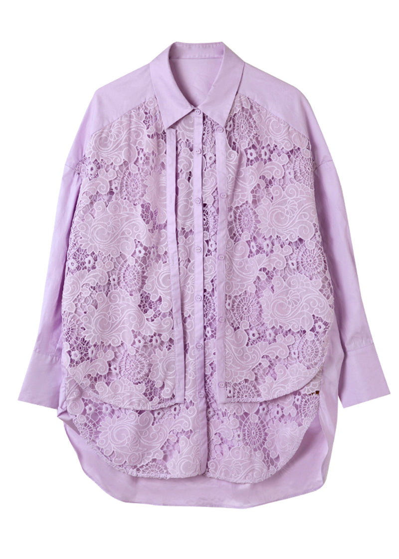 Art Purple Peter Pan Collar Hollow Out Fake Two Pieces Lace Tops Spring