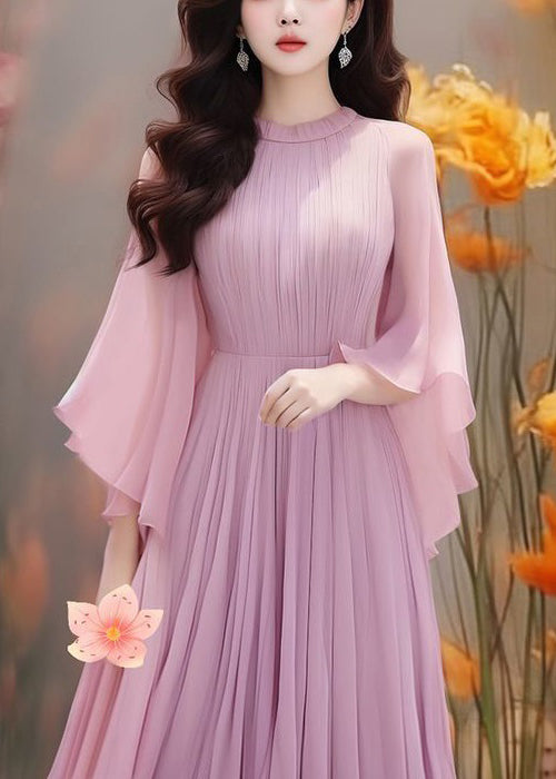 Purple Wrinkled Chiffon Dresses Butterfly Sleeve Summer