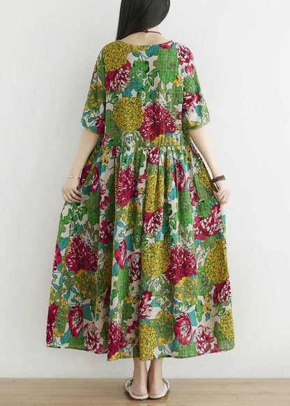 Green O-neck Patchwork Print Fall Ankle Dress Half Sleeve