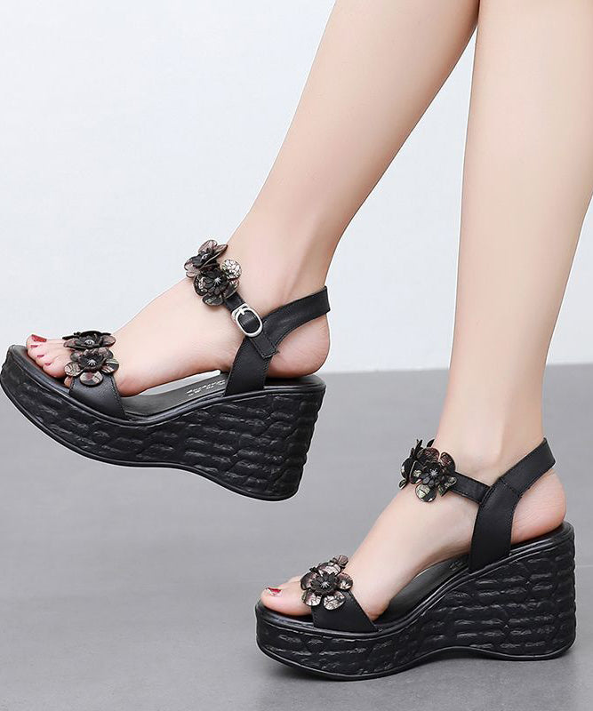 Buckle Strap Wedge Sandals Brown Cowhide Leather