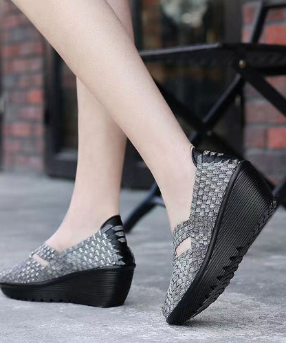 Knit Fabric Black Handmade Comfortable Splicing Wedge Heels Soofairy Shoes-20251
