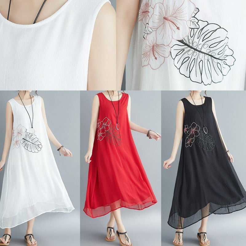 Buy Red Cotton Blended Robes Shirts Sleeveless Embroidery Long Summer Dress