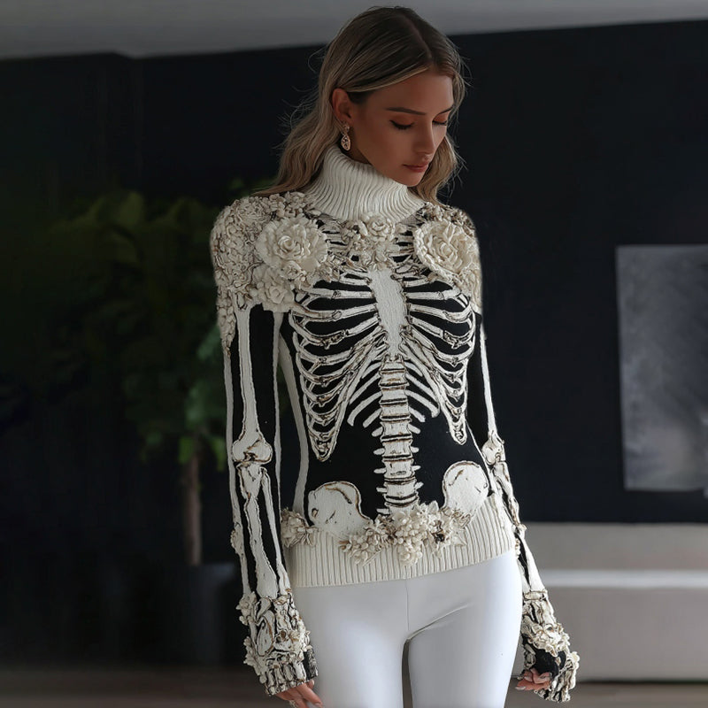 Comstylish Women's Skeleton Flower Art Cozy Turtleneck Sweater