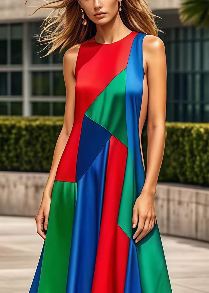 Multicolor Asymmetrical Patchwork Silk Maxi Dresses Summer