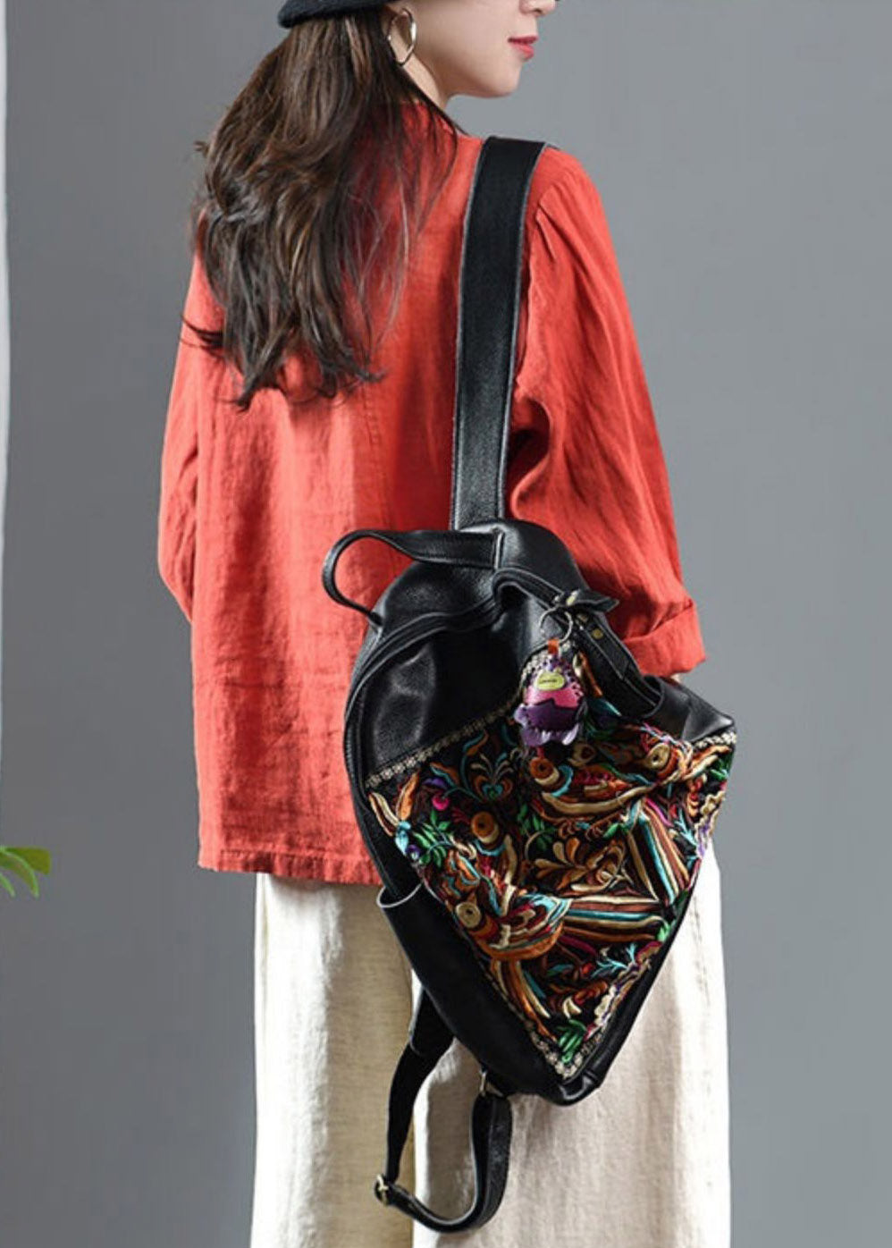 Orange O-neck Asymmetrical Design Button Embroideried Linen Top Long Sleeve