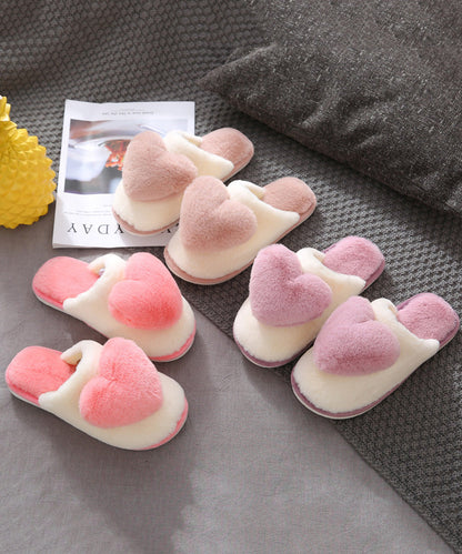 Pink Fuzzy Wool Lined Slippers Shoes Splicing Heart