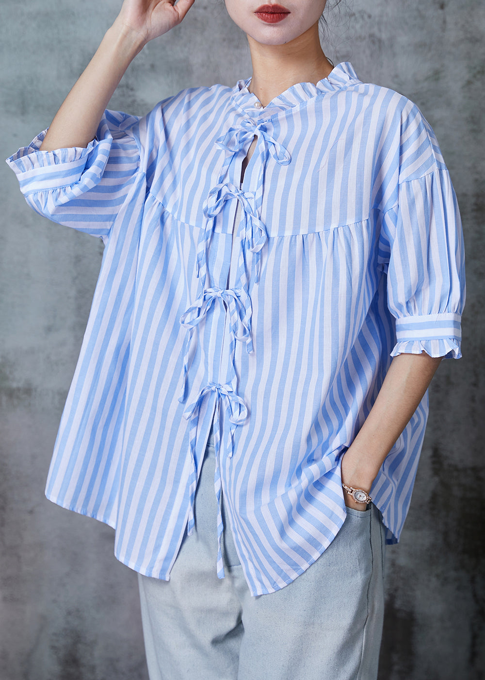 Blue Ruffled Striped Cotton Shirt Tops Half Sleeve