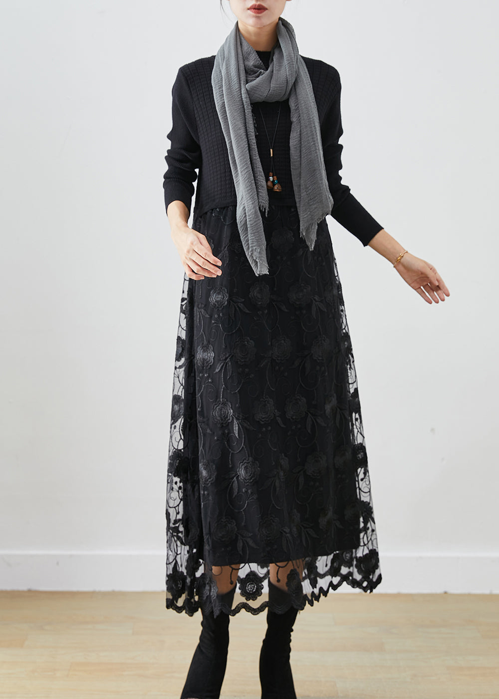 Black Patchwork Tulle Knit Holiday Dress Embroideried Fall