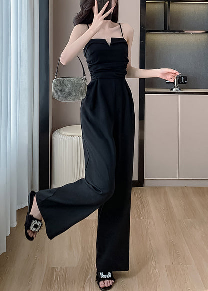 Black Cold Shoulder Silk Sleeveless Jumpsuits Pockets