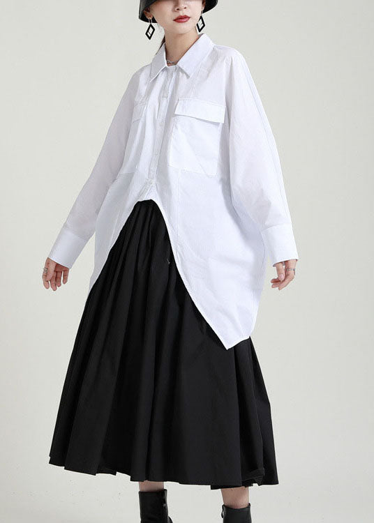 Loose White Button Low High Design Peter Pan Collar Blouses Spring