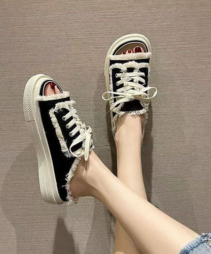 Black Platform Canvas Splicing Slide Sandals Lace Up
