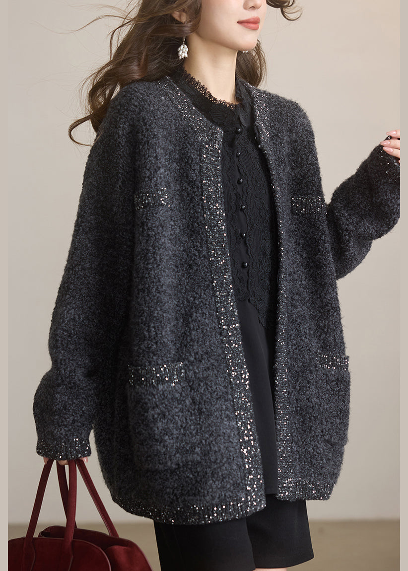 Dark Grey O Neck Sequins Woolen Cardigans Winter