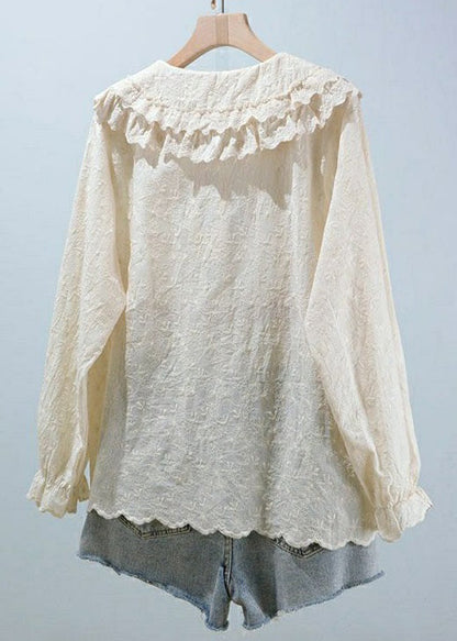 Beige Embroideried Button Cotton Blouses Long Sleeve