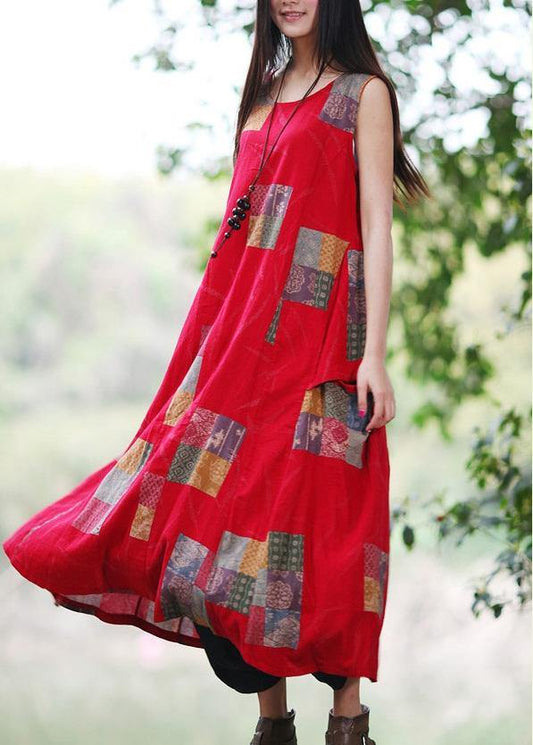 Red U Neck Dress Print Sleeveless Summer Dress