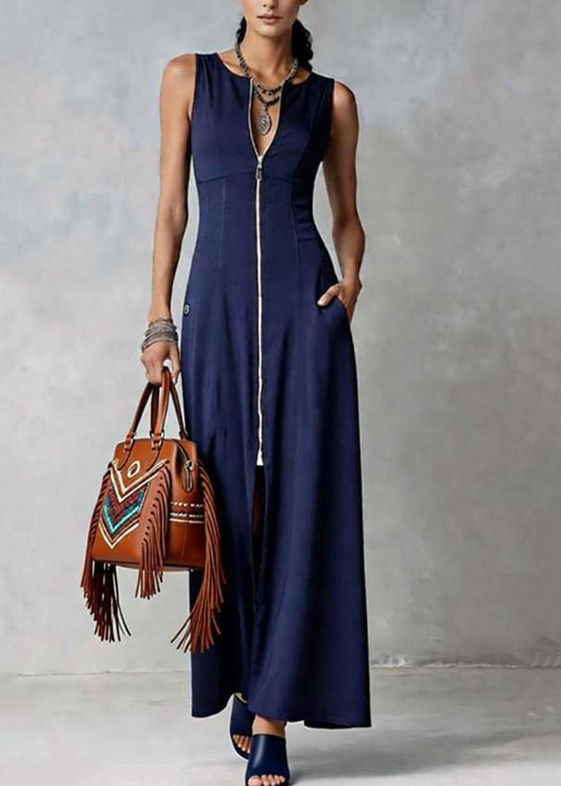 Loose Blue O-neck Zippered Patchwork Maxi Dress Sleeveless