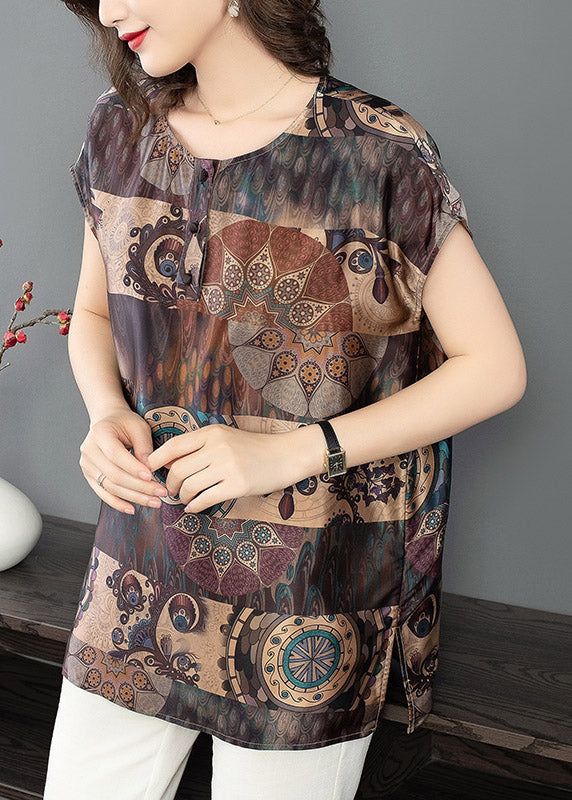 Loose Chocolate O-neck Print Side Open Silk Tops Short Sleeve