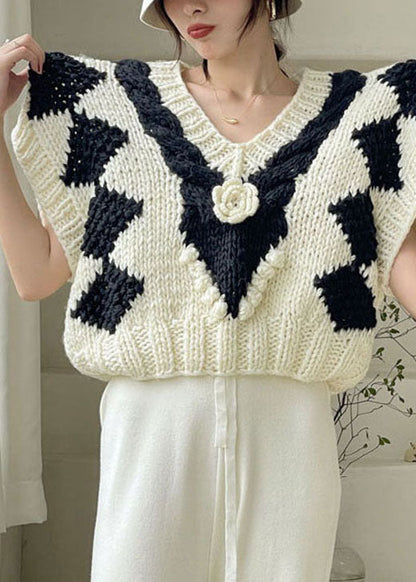 White V Neck Cozy Knit Tank Tops Sleeveless