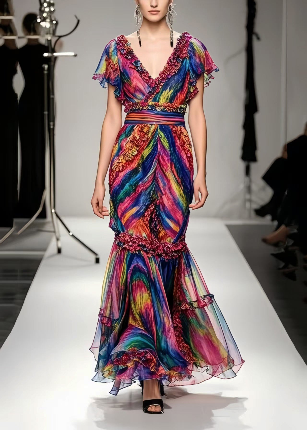 Ruffled Tie Dye Chiffon Robe Dresses Summer