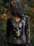 Comstylish Vintage Skull Floral Beaded Slim Fit Hooded T Shirt