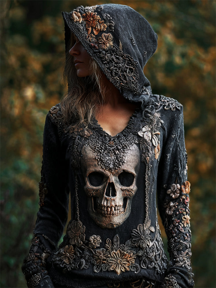 Comstylish Vintage Skull Floral Beaded Slim Fit Hooded T Shirt