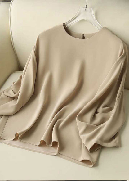 Apricot O-neck Wrinkled Chiffon Top Long Sleeve