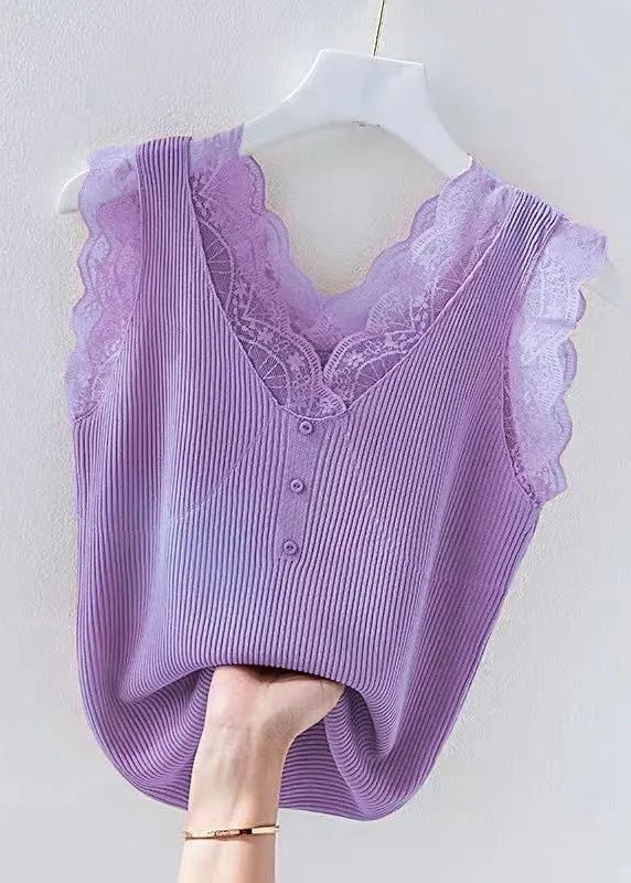 Green V Neck Lace Knit Tank Sleeveless