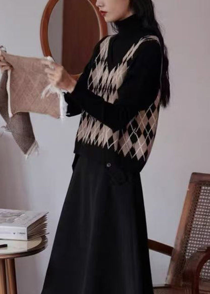 Black V Neck Geometric Print Knit Vest Sleeveless