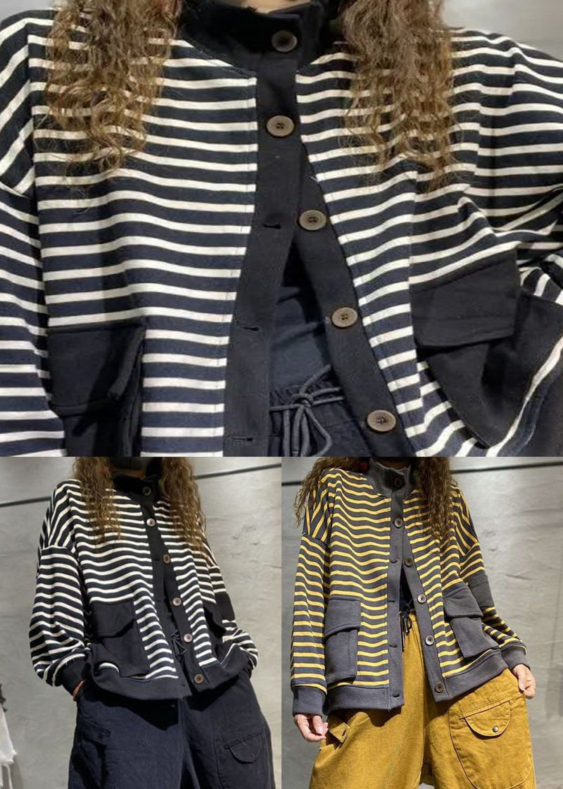 Black Button Stand Collar Pockets Coats Long Sleeve Fall