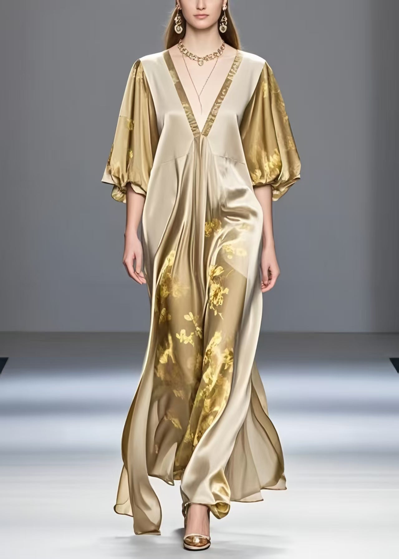 Modern Gradient Khaki V Neck Print Silk Dress Summer
