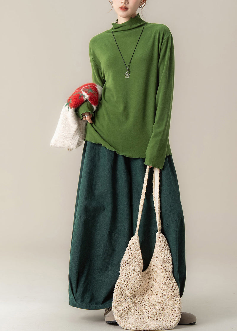 Grass Green Stand Collar Cotton Shirts Spring