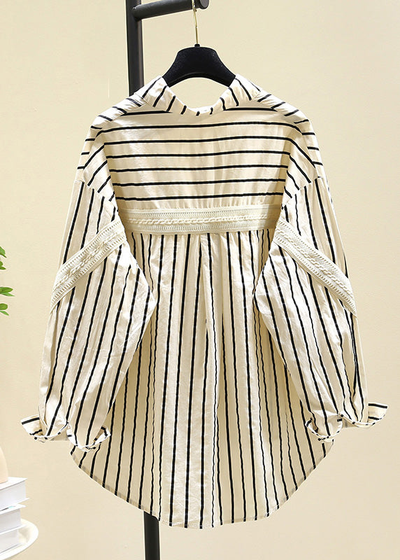 Black Peter Pan Collar Striped Cotton Blouse Top Fall
