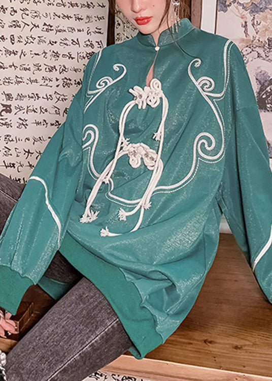 Green Stand Collar Tassel Button Sweatshirts Long Sleeve