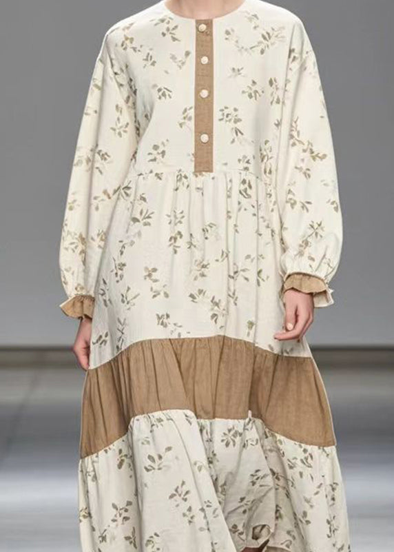 Fitted White Oversized Patchwork Print Velour Long Dresses Spring