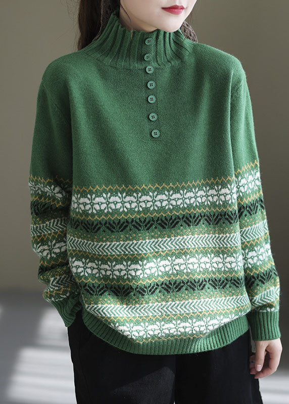 Green High Neck Print Knit Pullover Spring