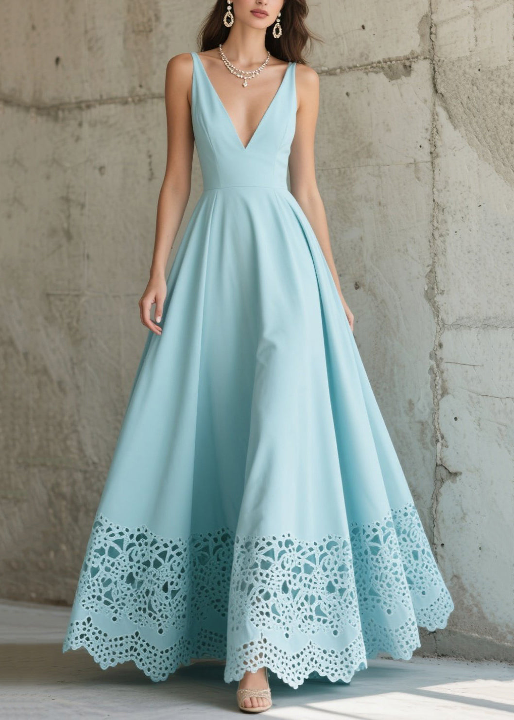 Sky Blue Exra Large Hem Hollow Out Chiffon Party Dress Summer