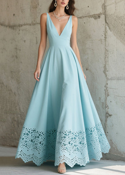Sky Blue Exra Large Hem Hollow Out Chiffon Party Dress Summer